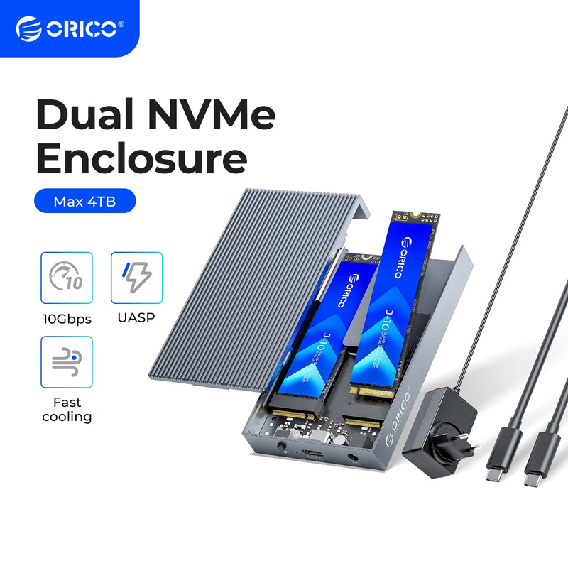 ORICO Dual Bay Aluminum M.2 NVME SSD Enclosure USB C 3.1 Gen2 10Gbps For M Key & M/B Key NVME PCIe SSD With 5V4A Power Adapter
