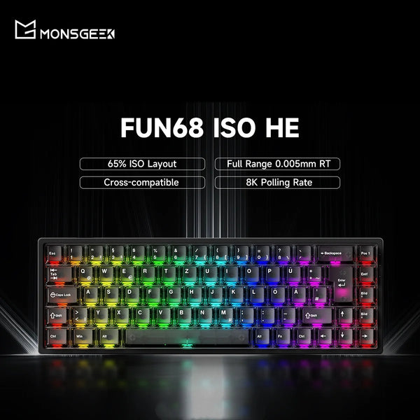 Akko MonsGeek FUN68 HE ISO Magnetic Keyboard 65% DE Layout Black Transparent Keycaps RT0.005mm 8K Polling Rate Gaming Keyboard