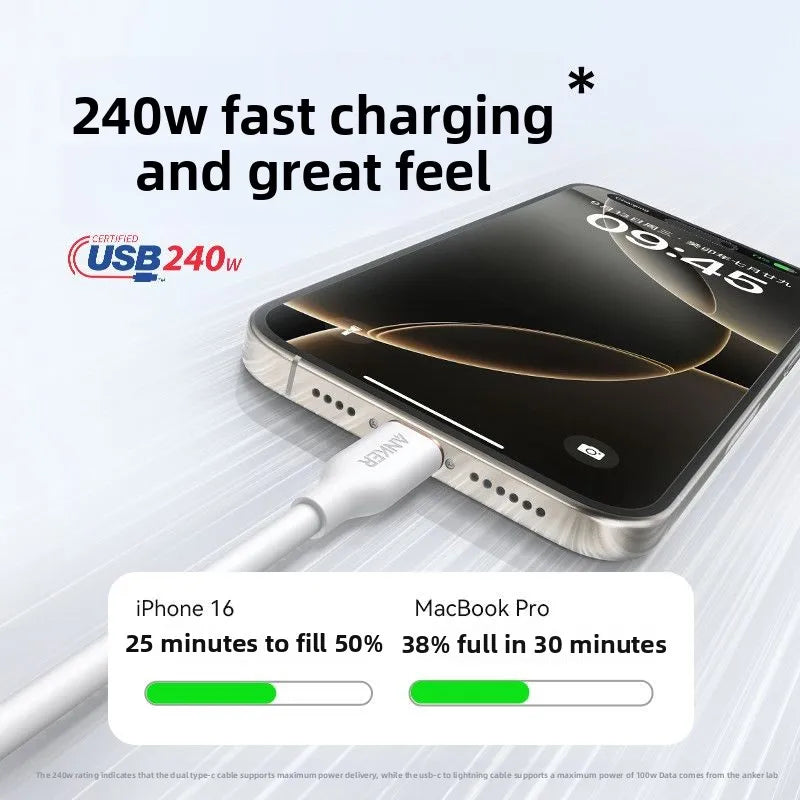 ខ្សែសាកទិន្នន័យ ANKER ក្បាលពីរ Typec 240W PD3.1 ខ្សែសាកលឿន ស៊ីលីកូនទន់ ងាយស្រួលប្រើសម្រាប់កុំព្យូទ័រយួរដៃ iPhone ថេប្លេត