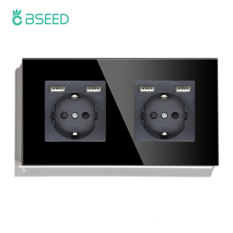 BSEED EU Standard Wall Sockets Single Powerful Outlets Black Double Frame Sockets Glass Panel Triple Sockets Kids Protection 16A