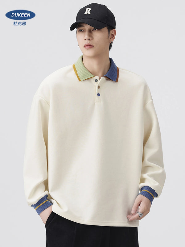 DUKEEN Colorblock Collar Men's Sweatshirts 2025 Spring and Autumn New Fashion Design Relaxed Fit Men's Long Sleeve Polo Pullover