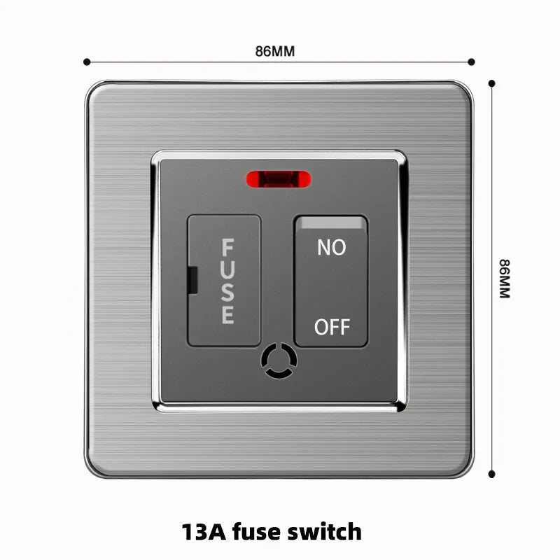 Grey Stainless Steel Metal Uk 13A Wall 220V Light Switch with Electrical Socket, Smart Type-c Fast Charging Wall USB C Socket