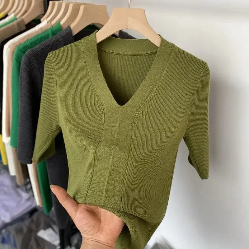Thin Knit Tops 2026 Bottoming Shirts Women Sweater Short Sleeve V-neck Stripe Knitwears Slim Fit Shirt Korean Summer Pullovers
