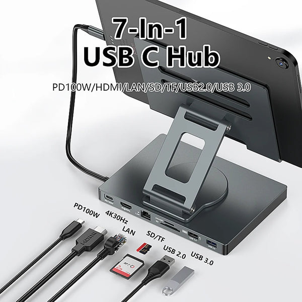 ស្ថានីយ៍ចតឧបករណ៍សាកថ្ម Blueendless USB 3.0 PD 100W ស្ថានីយ៍ចត HDTV 4K RJ45 ជើងទម្រពហុច្រក 7 ក្នុង 1 USB C SD TF ប្រភេទ C ឧបករណ៍ភ្ជាប់មជ្ឈមណ្ឌលចត