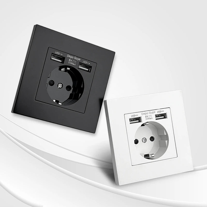EU Standard Double USB Wall Power Socket,Electrical Socket Wall Plug with Type-c Usb Fast Charing Port 16A PC Panel Outlet 220V