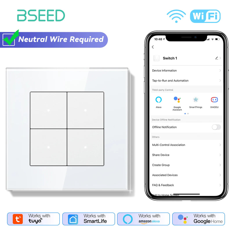 BSEED 1/2/3/4Gang 2Way WIFI Light Switch Smart Click Button Switch Glass Panel LED Indicator Support Tuya Smart Life Google Home