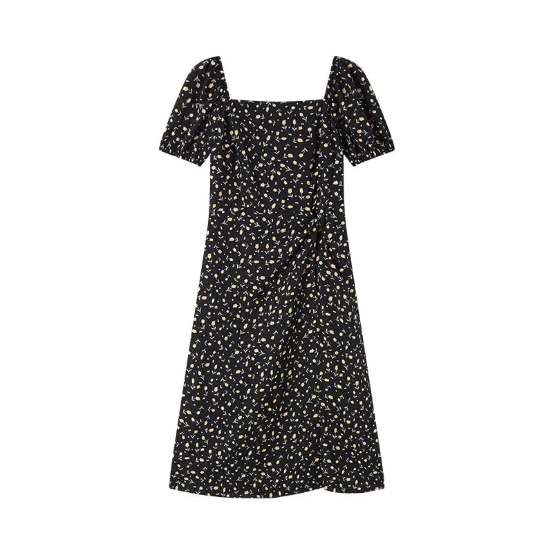 Semir Dress Women Puff Sleeve Romantic Playful Girly Summer French Square Neck Twist Split Chiffon Floral Dress