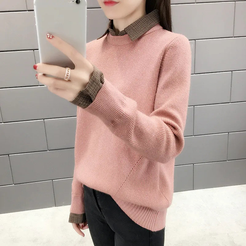 Fake Two Piece Women's Knitwear Top Fashionable Lapel Collar Shirt Bottom Sweater Autumn Winter Long Sleeve Pullovers Femme