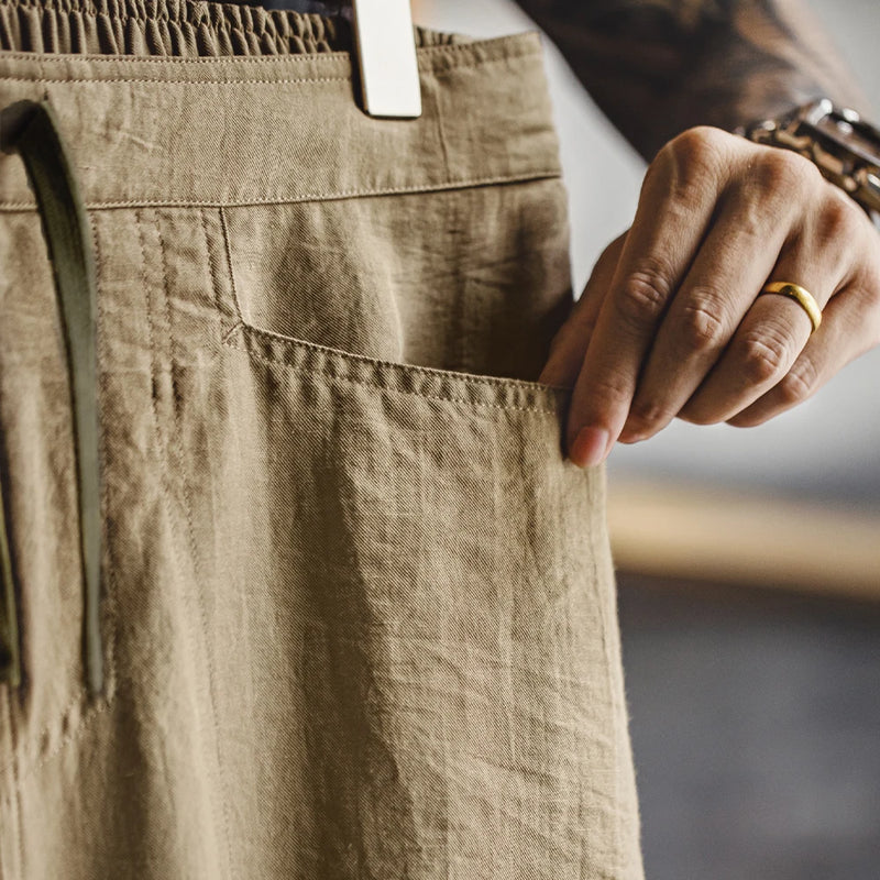 ខោ Maden បុរស Vintage Chino ខោស្រាលលាយក្រណាត់ Linen ជាមួយនឹងចង្កេះយឺត ខោ Khaki Baker សម្រាប់រដូវក្តៅ និងរដូវស្លឹកឈើជ្រុះ