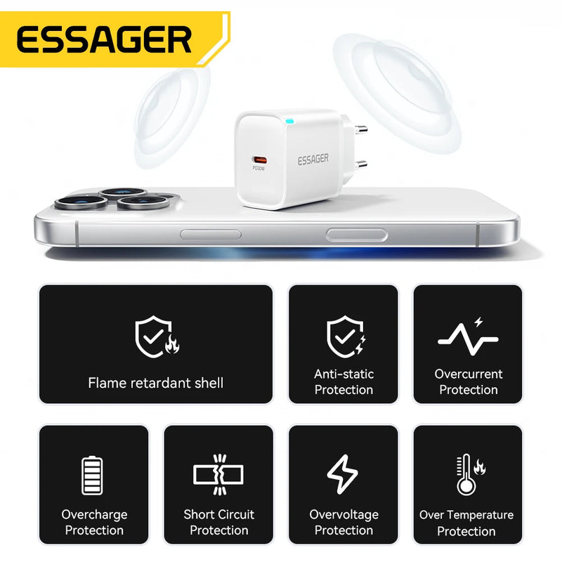 Essager Mini 30W Type C Charger PD QC3.0 Fast Type C Charger For iPhone 16 15 14 13 Pro Samsung S25 Xiaomi iPad Travel Adapter