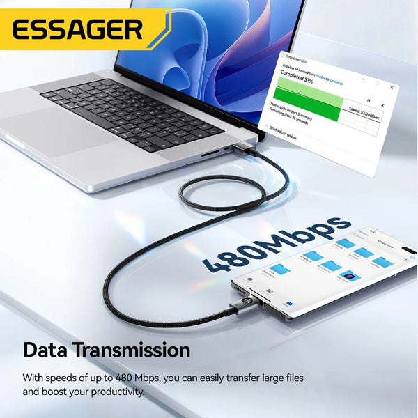 ខ្សែសាក Essager 7A USB Type C 100W សាកលឿនសម្រាប់ Huawei P90 Mate 60 Honor Oneplus 15 Realme OPPO អេក្រង់ឌីជីថល ខ្សែទិន្នន័យ