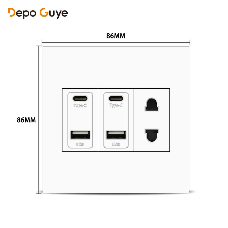 EU RU UK Standard USB Type C Port Power Wall Socket,Universal usb type c 220V Electrical Socket,White Power Outlet with 2holes