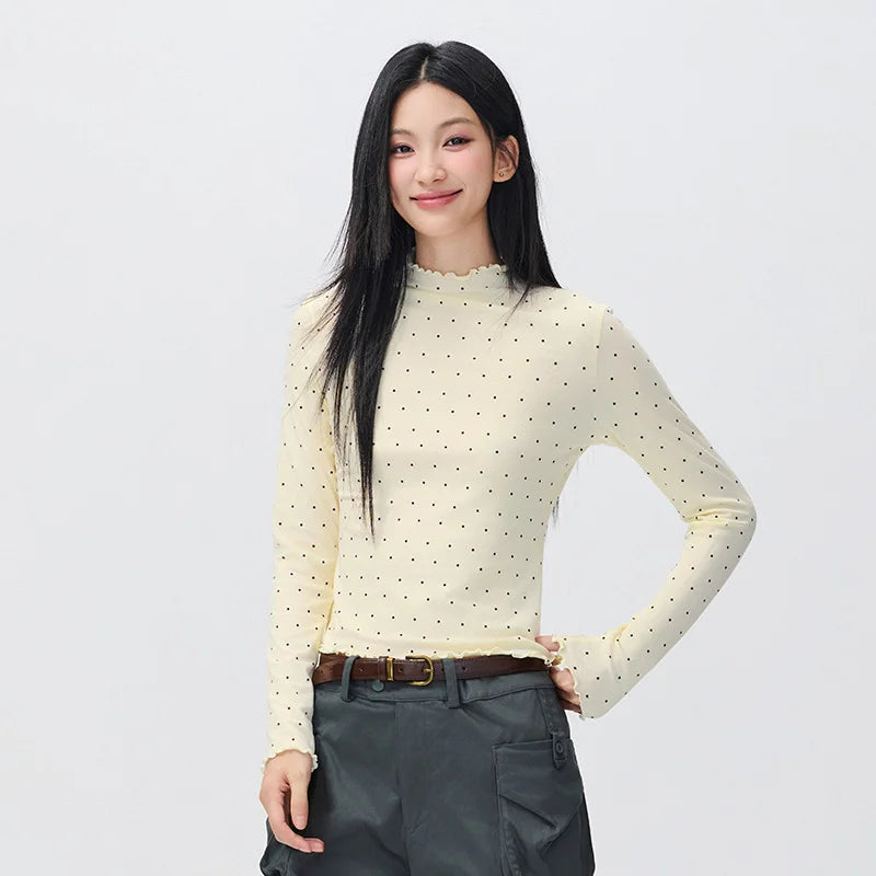 អាវយឺតប៉ាក់ Semir សម្រាប់នារី លំនាំចំណុច Polka Dot Mock Neck Ruffle Edge Thermal Warmth Style Minimal 2026 សម្លៀកបំពាក់រដូវរងាថ្មីប្រចាំថ្ងៃ