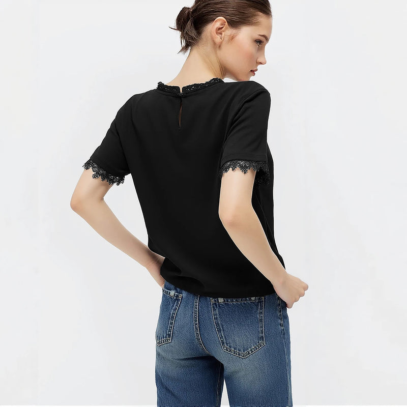 Amii Women's T-Shirt 2026 Summer New Round Neck Lace Patchwork Women's Tee Shirt Solid Color Elegant Short Sleeve Top 12642068