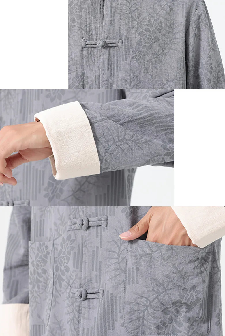 Chinese-style Blue-Green Men's Long-sleeve Jacket, Black Single-button Stand-up Collar Printed Coat,Pink,Red,Apricot,Gray Tops.