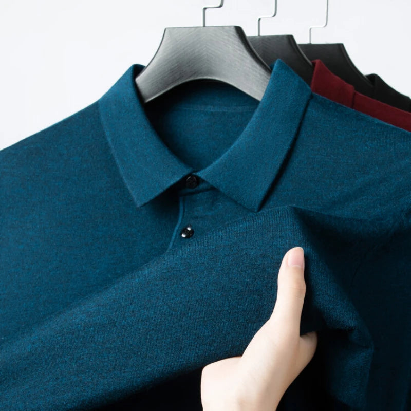 Solid Color Men's Wool Long-sleeve Shirt, Daily Autumn and Winter Warm Sweater, Business Casual Polo Shirt,Stretchable M-4XL