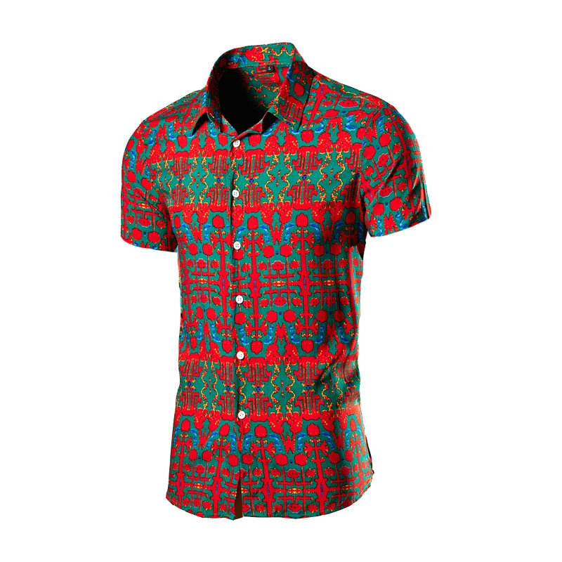 2026 Chinese Style Bright Men's Red Print Long Sleeve Shirt, Single Breasted Lapel Shirts, Green Black Fashion Casual Camisa