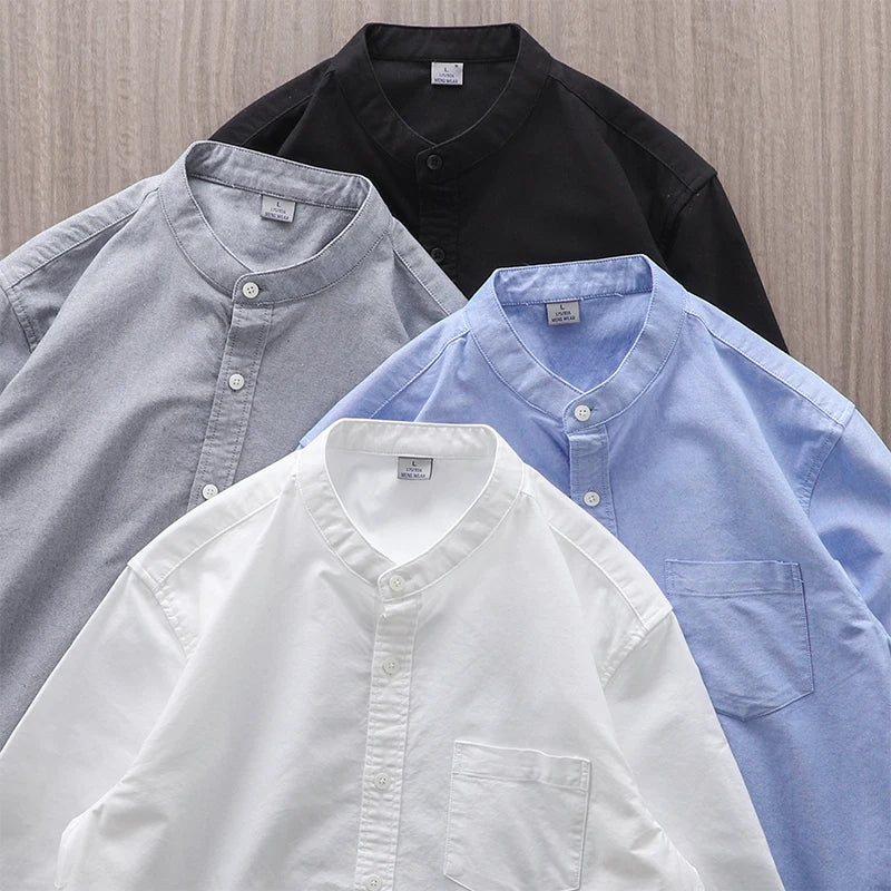 DUKEEN Stand Collar Shirt Men Business Commuter Tops Cotton Casual Long-Sleeved Solid Color Oxford Spinning Shirt Jacket
