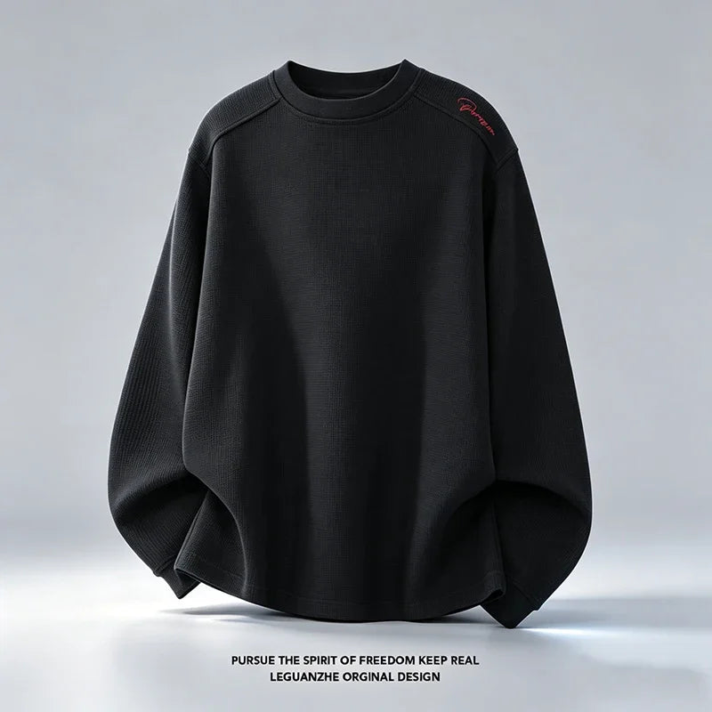 Mens Raglan Sleeve Waffle Crew Neck Top Shoulder Embroidery Detail Loose Cut Soft Fabric Casual Daily Wear