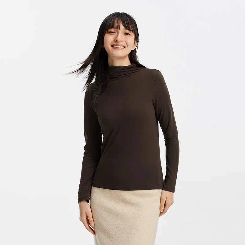 Semir Women Tshirt Thermal Warmth Antibacterial Fabric Solid Color Commuter Style Soft Touch Extended Collar 2026 Spring