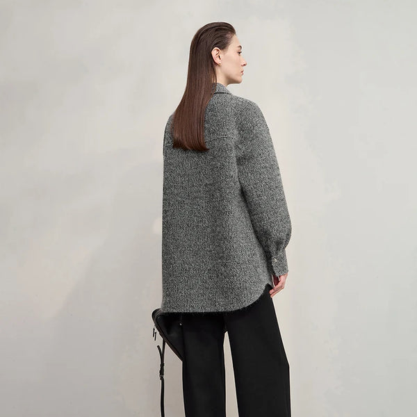 AMII Elegant Women's Coat 2026 Winter New Casual Turn-Down Collar Woman Jacket Loose Knitted Long Sleeves Coat Ladies 12554016