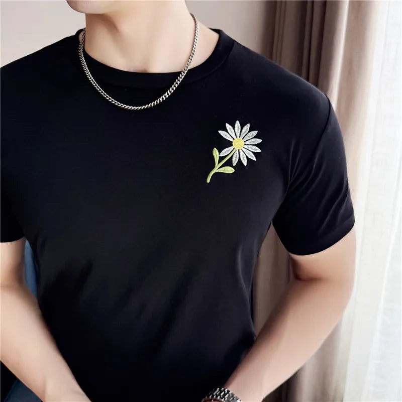 Men's Cotton T-Shirt - Summer Slim Fit Floral Embroidered Tee | 95% Cotton Stretch Crew Neck Casual Top for Youth