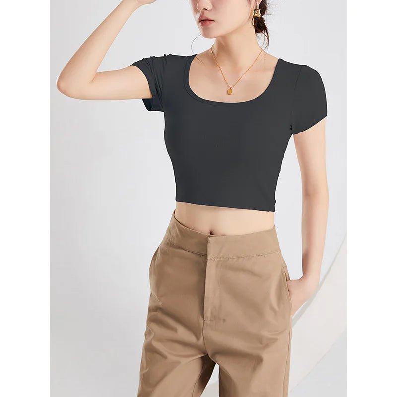 New Square Collar Bra Cup Integrated Slim Modal Sleepwear Vest One Piece Pajamas Women Comfortable Bottom Short Sleeve T-shirt