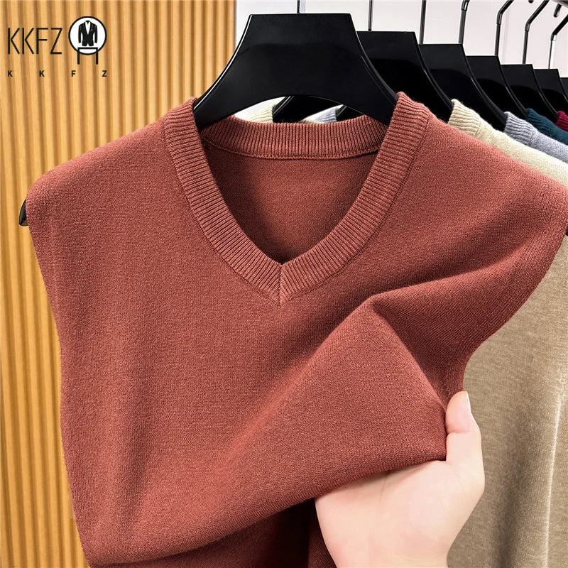 Fall Mens V Neck Knitted Waistcoat Sleeveless Sweater Vest Comfortable Knit Top For Business Daily Outfit Matching