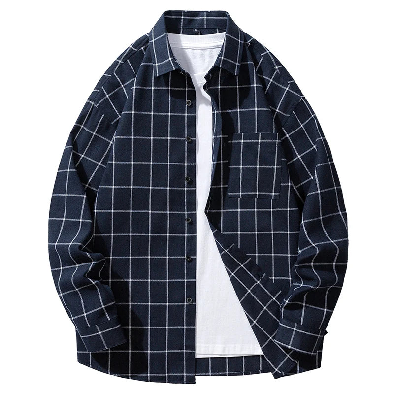 2026 New Men's Black Long Sleeve Shirt with Blue Striped Grid Decoration Casual Loose Fit Fashion Top Shirt