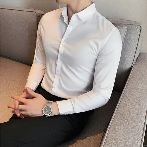 2026 New Men's Dark Green Slim-Fit Long Sleeve Shirt, Fashion Casual Business Top for Man in Black/White