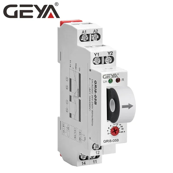 រេឡេត្រួតពិនិត្យចរន្ត AC ឬ DC GEYA GRI8-05 ត្រង់ 2A-20A AC24V-240V ការពារចរន្តលើស និងចរន្តក្រោម
