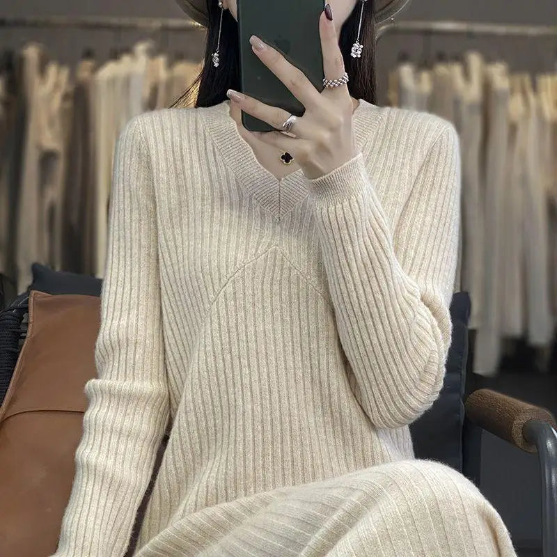 Knitwear Woman Clothes New Elegant Long Sweater Dress Slim V Neck Pullover Jumper Spring Autumn Woolen Dresses Female Bottom
