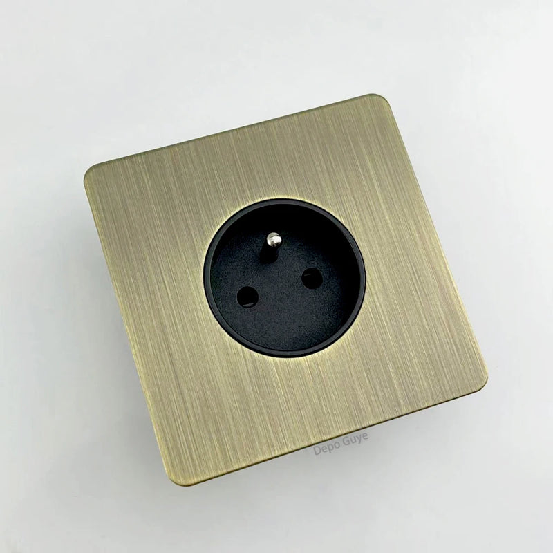 Retro EU French Standard Metal Double USB Wall Power Socket,Brushed Stainless Steel Antique Outlet with Type-c Usb Charing Port