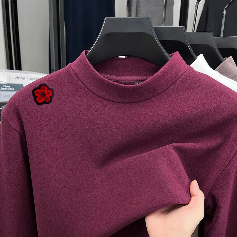 Original Design Man Long-Sleeved T-Shirt Mock Neck Flower Embroidery Dralon Fabric Autumn Winter New Tops Casual Men's Clothing