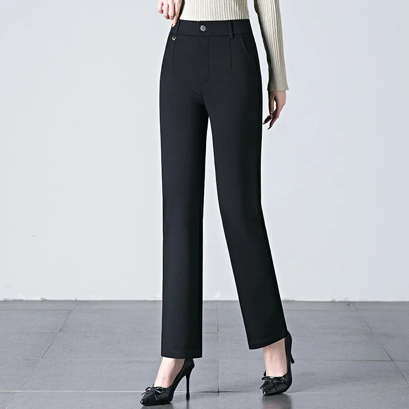Asian Size Black Women's Elastic Waist Trousers, Fashion Casual Pants, Khaki High Stretch Pant, 27, 28, 29, 30, 31, 32, 33, 34