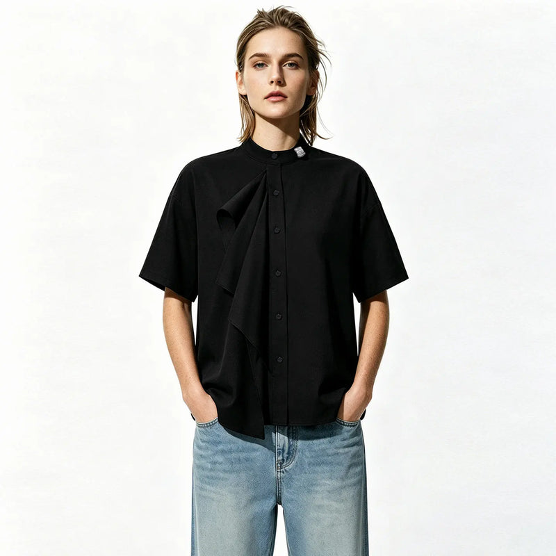 Amii Women Shirt 2026 Summer New Stand Collar Tie Drop Shoulder Short Sleeves Blouse French Style Elegant Chiffon Top 12642105