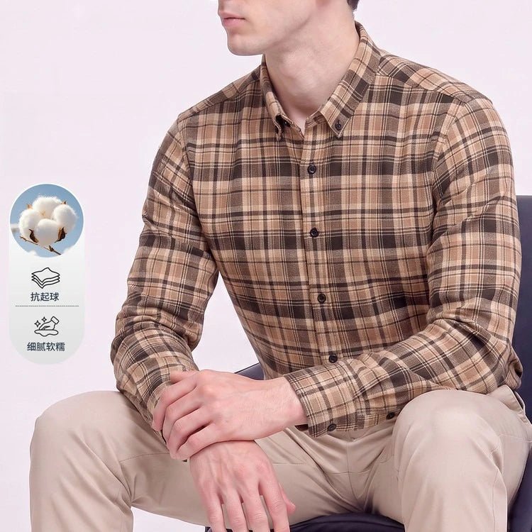 Men's 100% Cotton Brushed Plaid Long Sleeve Shirt – Soft Flannel Casual Button-Down for Outdoor & Daily Wear