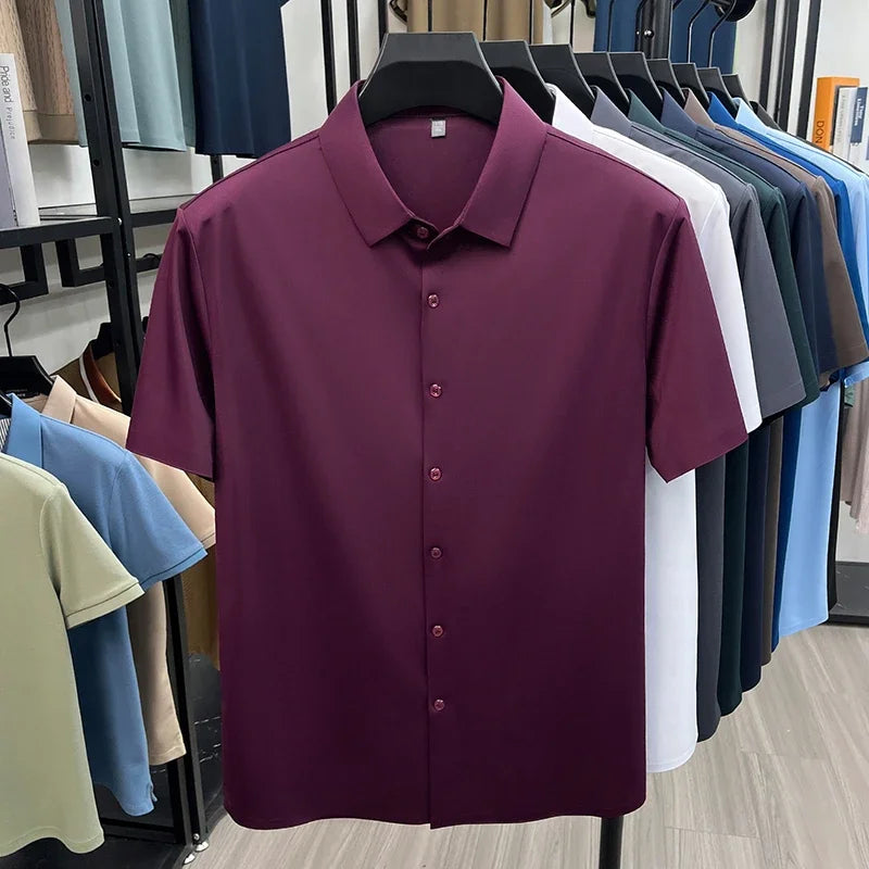 Men Summer Casual Short Sleeve Button Up Shirt Ice Silk Breathable Wrinkle Free Business Formal Shirt