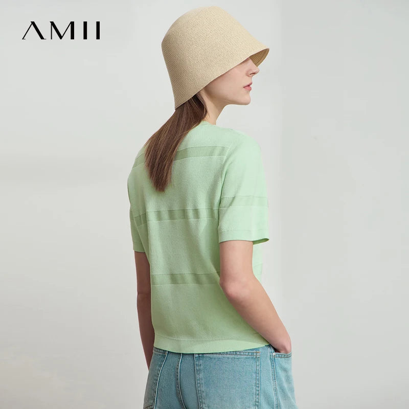 អាវយឺត AMII រដូវក្តៅបែប Minimalist សម្រាប់ស្ត្រីឆ្នាំ ២០២៥ អាវយឺតកមូលដៃខ្លីបោះពុម្ពសម្រាប់ស្ត្រីម៉ូដទាន់សម័យ 12522078
