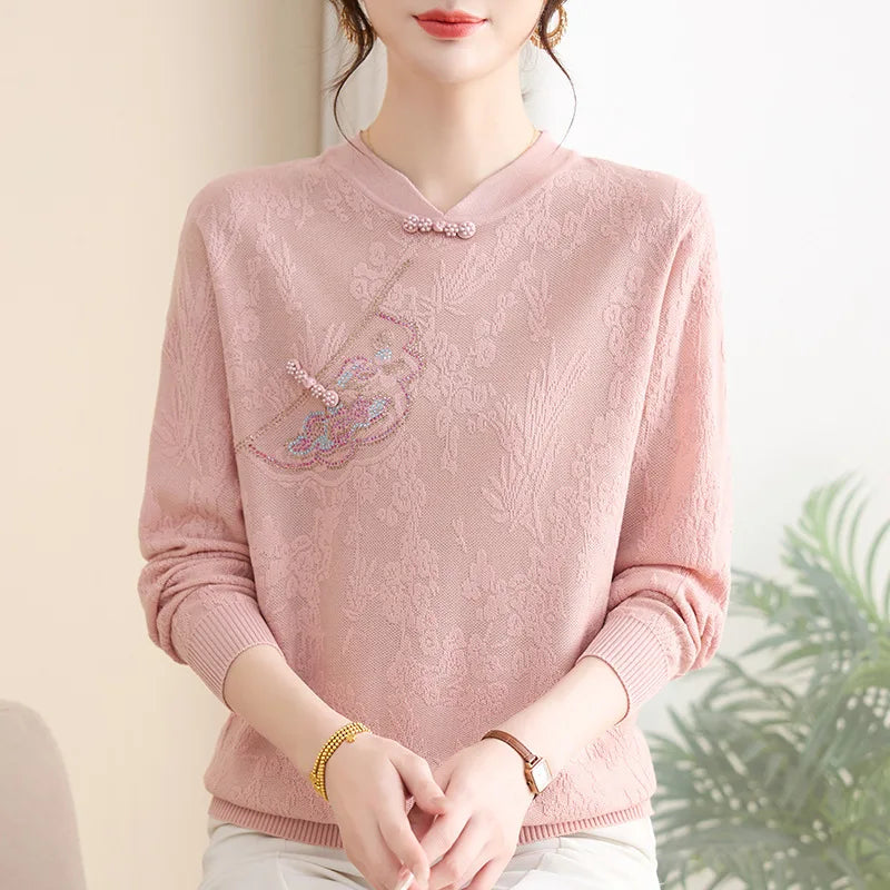 Vintage Printed Woman Clothing Knit Middle Aged Mother Pullover Tops Long Sleeve Autumn Winter Sweaters & Jumpers Pull Femme