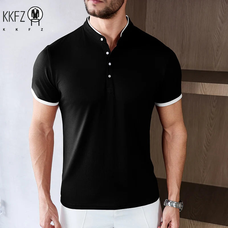 2025 New Men's Casual and Fashionable Solid Color Short Sleeved Stand Up Collar T-shirt Summer Versatile and Comfortable Top