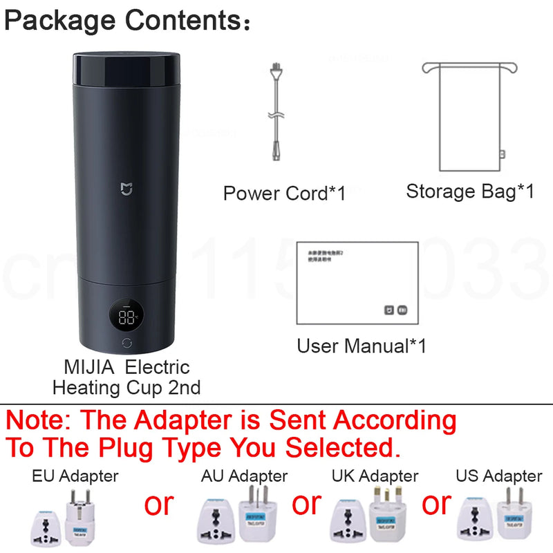 MIJIA Portable Electric Heating Cup 2，New Upgraded Version,LED Screen，Electric Kettle,Chinese Version With Adapter