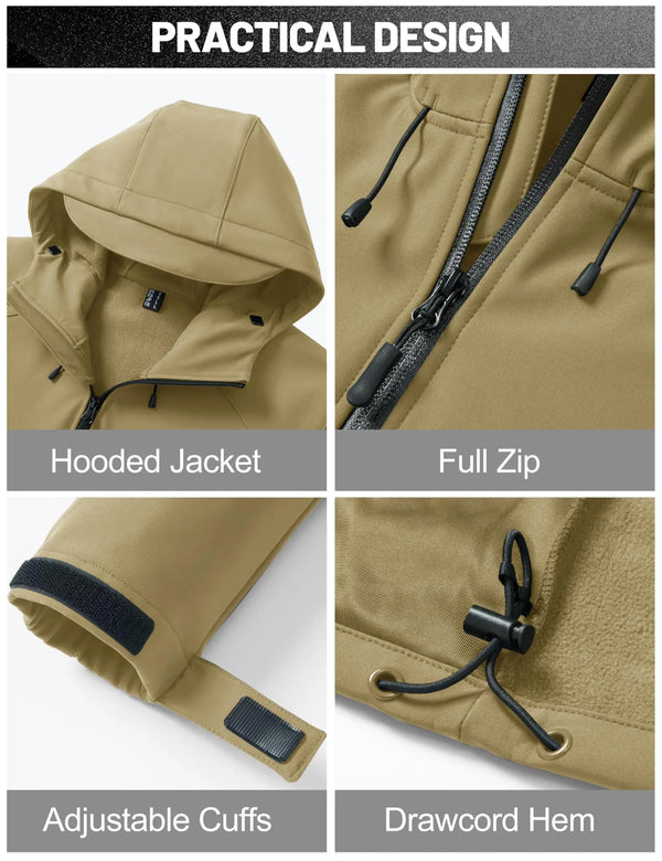 TACVASEN Waterproof Fleece Lined Men's Tactical Softshell Jacket  Hooded Outdoor Hiking Coat Lightweight Winter Windbreaker Coat