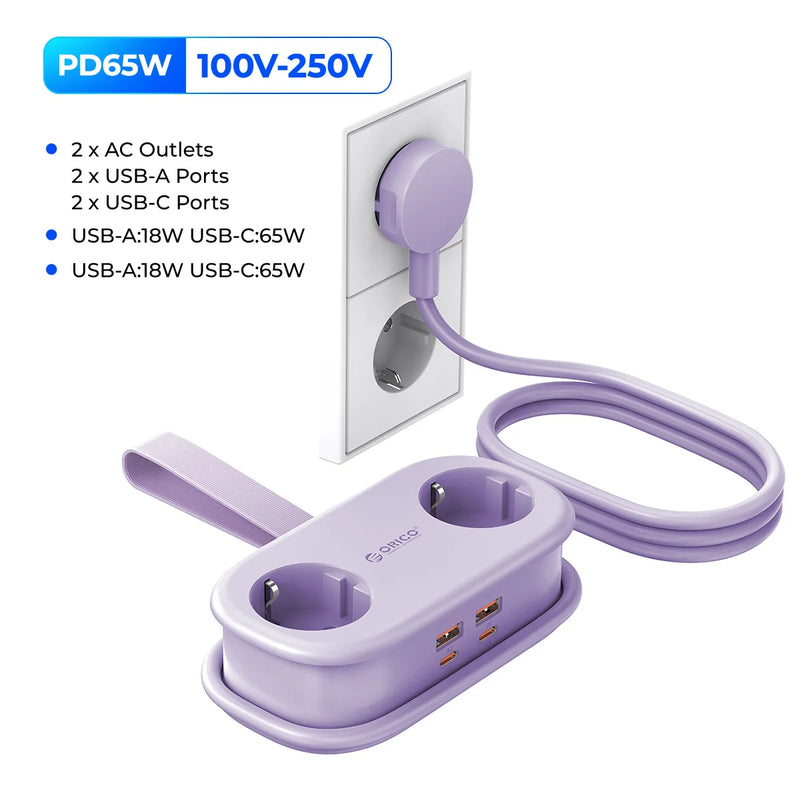 ORICO Cable-Wrap Portable Travel Power Strip 65W GaN Fast Charging Station with 2 AC Outlets 2 USB 2 Type-C EU Plug Adapter Home