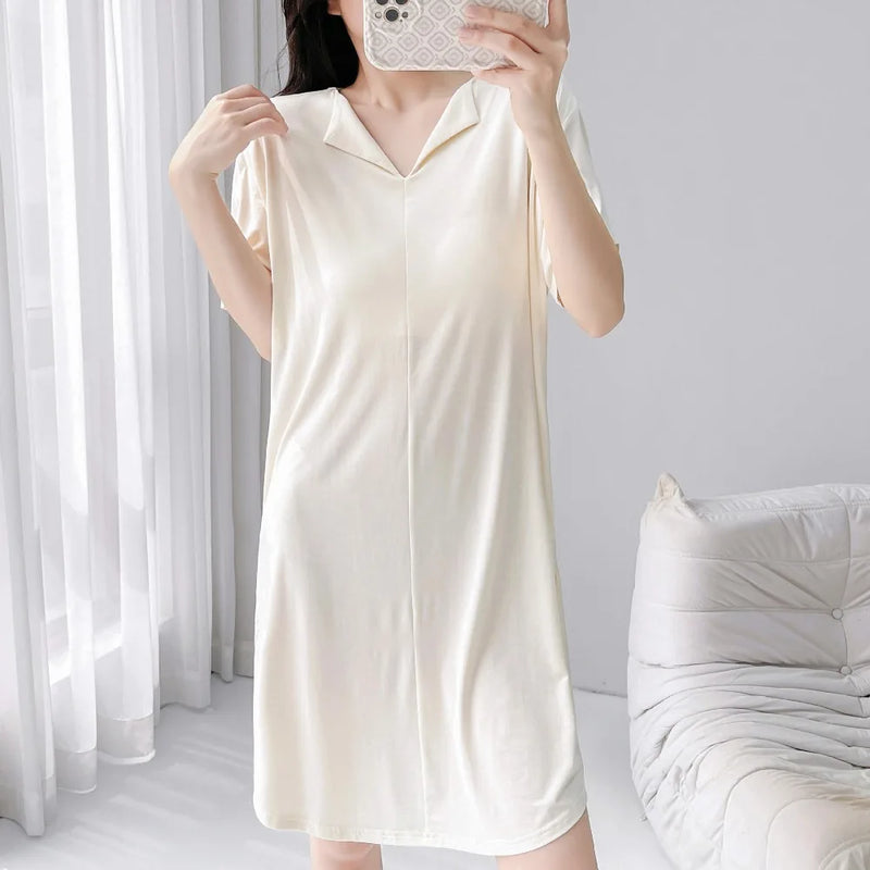 Elegant Chest Pad Short Sleeve Sleepwear Women's Nightgowns One Piece Pajamas Dress Solid Color Summer Thin Loungewear Female