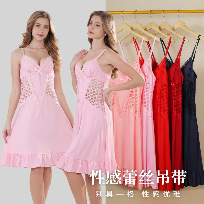 High-end Sexy Mesh Lace Nightdress Comfortable One Piece Pajamas Women's Thin Nightgowns Summer Ladies Sleepwear Home Dress