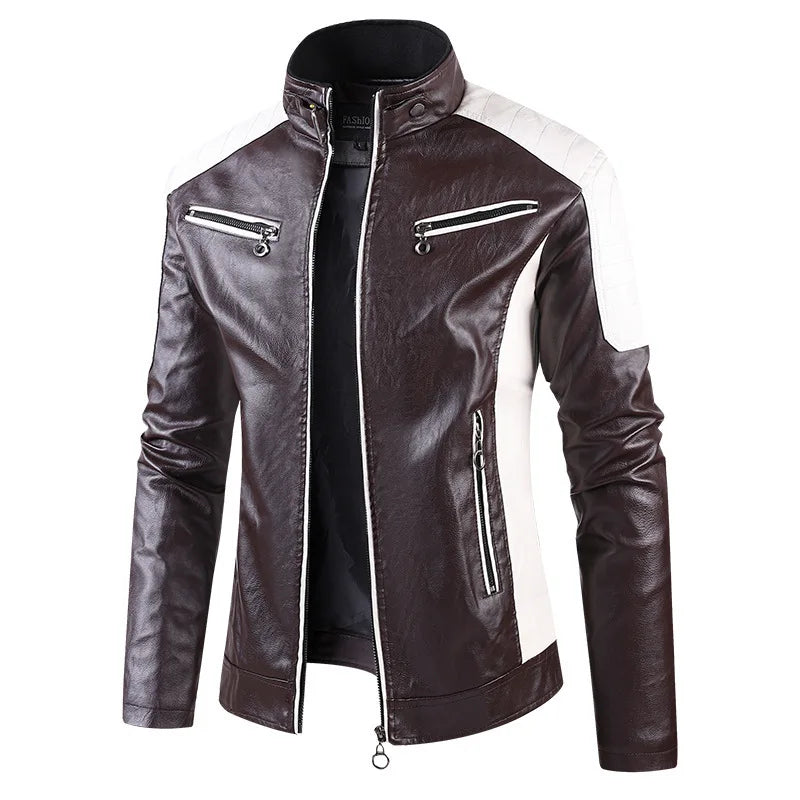 Autumn Men's Stand Collar Color-Block PU Jacket, Black Faux Leather Jackets, Spring Casual Coat. Asian Size Loose Fit Top.
