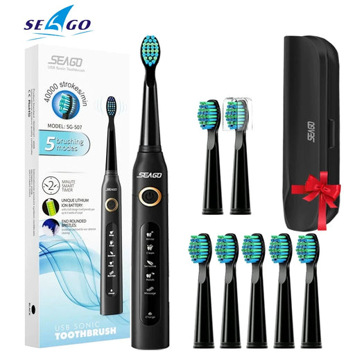 Seago Sonic Electric Toothbrush SG-507 for Adult Timer Brush 5 Modes Micro USB Rechargeable Tooth Brush Replacement Heads Set