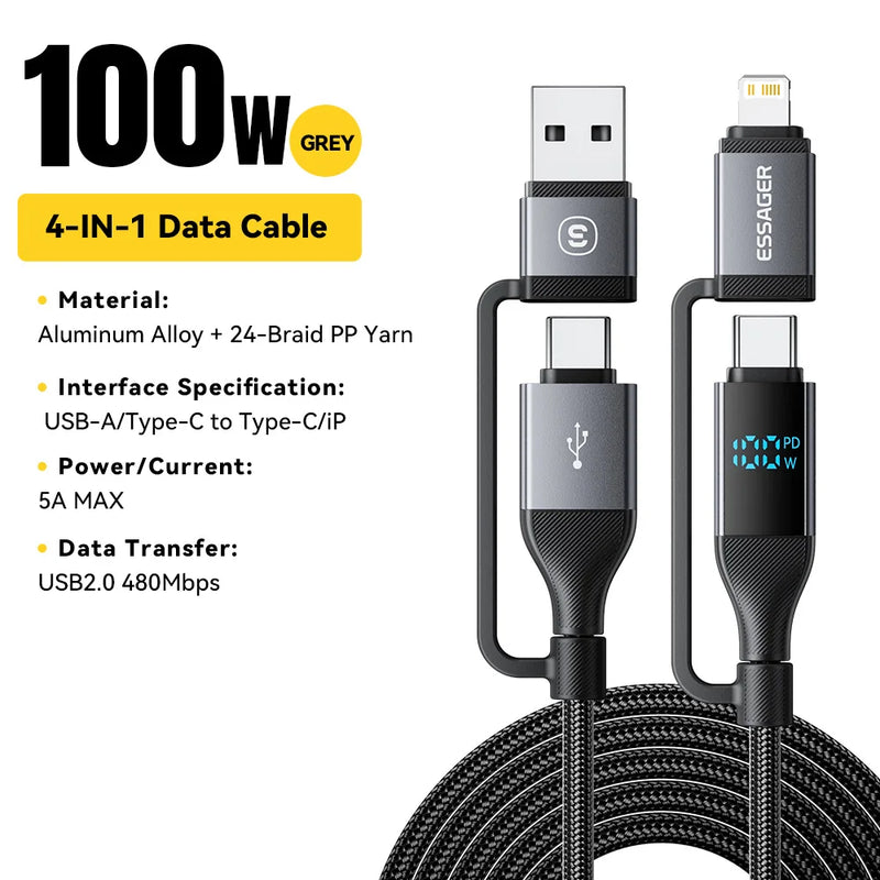 ខ្សែសាក USB Essager 4 ក្នុង 1 ប្រភេទ C 100W PD សាកលឿនសម្រាប់ iPhone Macbook iPad Xiaomi Type C Lighting Cable