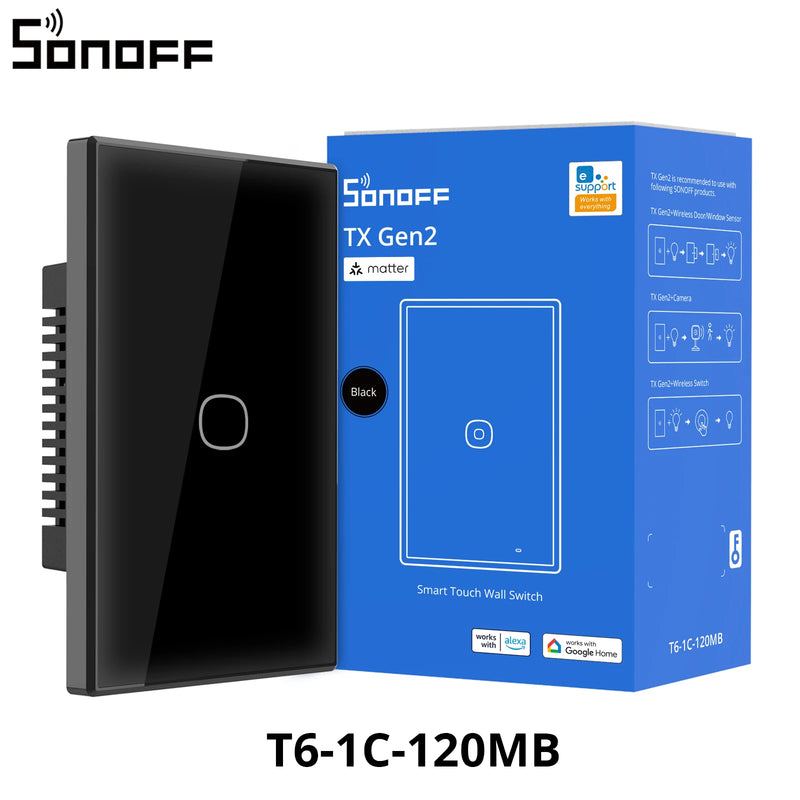 SONOFF T6 120 1/2/3 Gang Black TX Gen2 Matter Smart Touch Wall Switch Detach Relay Mode Night Switch Works with Alexa Apple Home